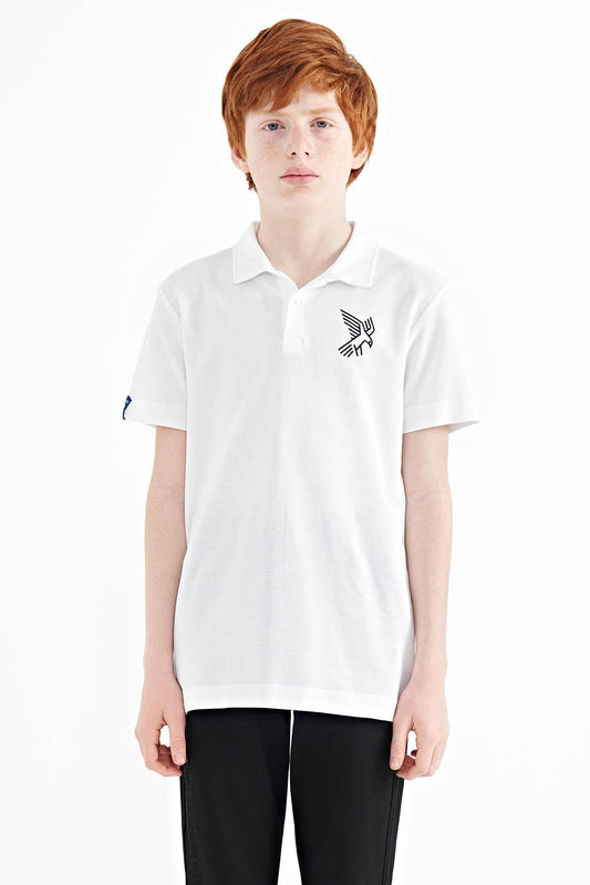 White Minimal Embroidery Detailed Standard Fit Polo Collar Boys T-Shirt - 11084