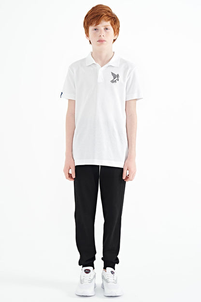 White Minimal Embroidery Detailed Standard Fit Polo Collar Boys T-Shirt - 11084