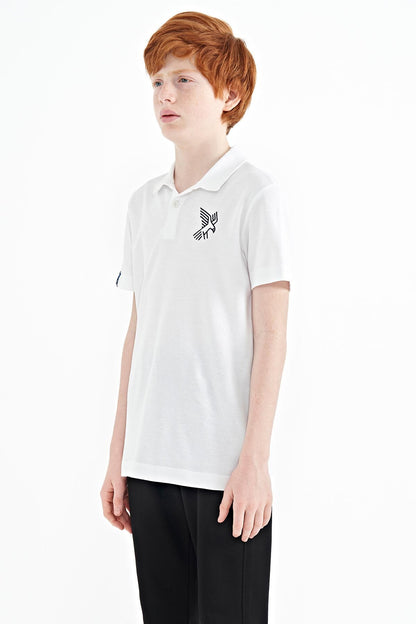 White Minimal Embroidery Detailed Standard Fit Polo Collar Boys T-Shirt - 11084