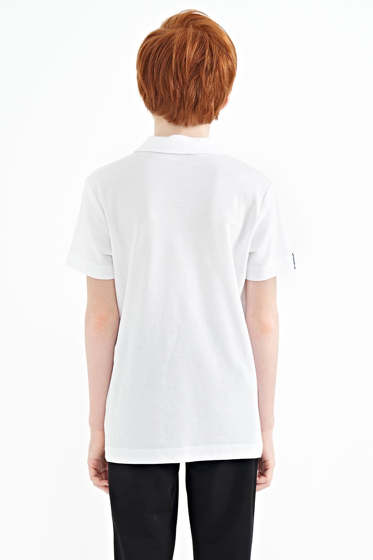 White Minimal Embroidery Detailed Standard Fit Polo Collar Boys T-Shirt - 11084