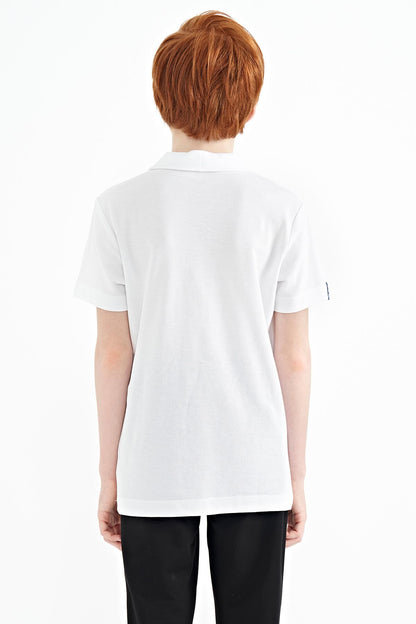 White Minimal Embroidery Detailed Standard Fit Polo Collar Boys T-Shirt - 11084