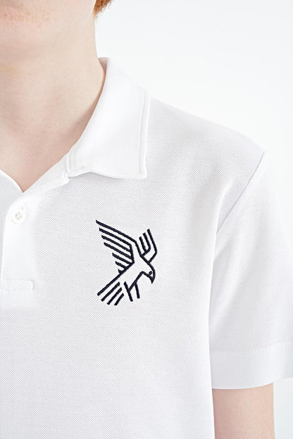 White Minimal Embroidery Detailed Standard Fit Polo Collar Boys T-Shirt - 11084