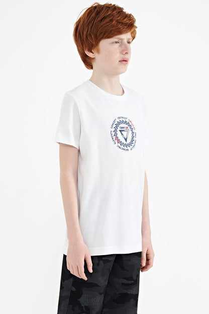 White Embroidered Detailed O Collar Standard Fit Boys T-Shirt - 11115