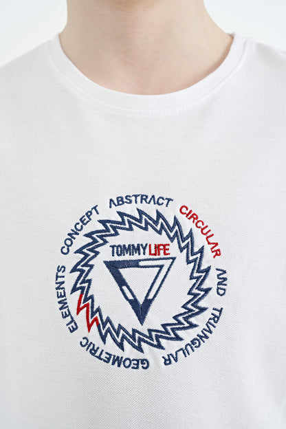 White Embroidered Detailed O Collar Standard Fit Boys T-Shirt - 11115
