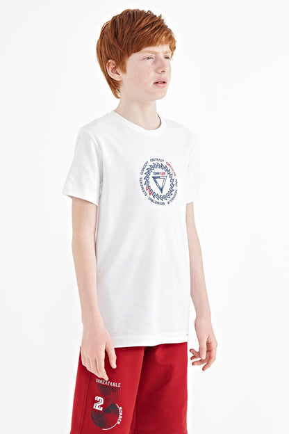 White Embroidered Detailed O Collar Standard Fit Boys T-Shirt - 11115