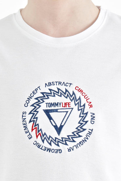 White Embroidered Detailed O Collar Standard Fit Boys T-Shirt - 11115