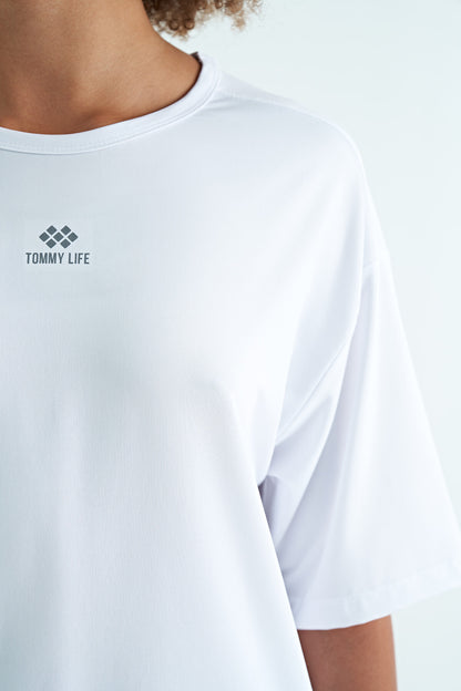 White O Collar Printed Detailed Oversize Short Sleeve Women's T-Shirt - 97263