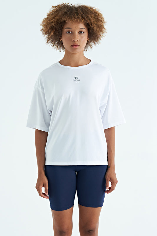 White O Collar Printed Detailed Oversize Short Sleeve Women's T-Shirt - 97263