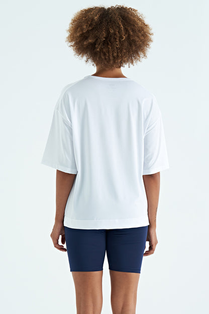 White O Collar Printed Detailed Oversize Short Sleeve Women's T-Shirt - 97263