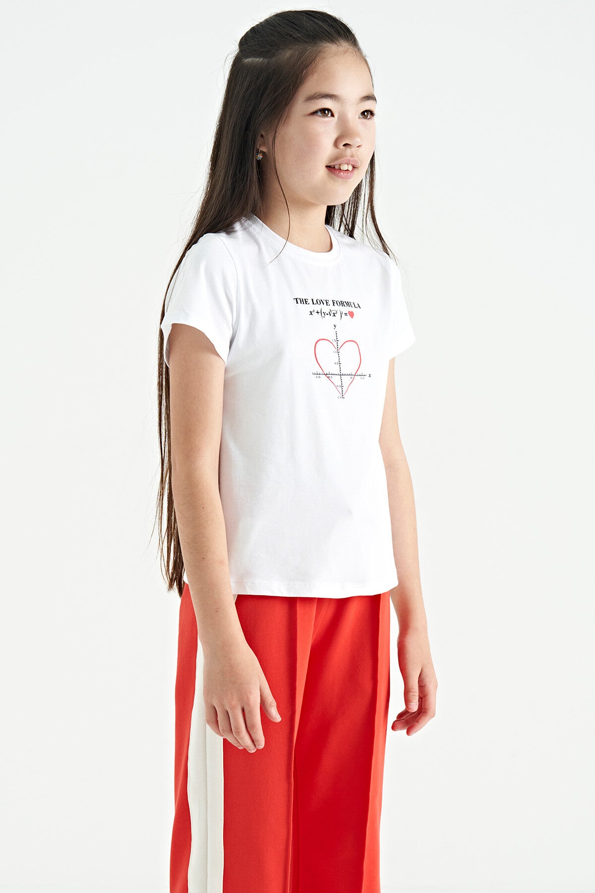 White O Collar Print Detailed Relax Fit Girl's T-Shirt - 75129