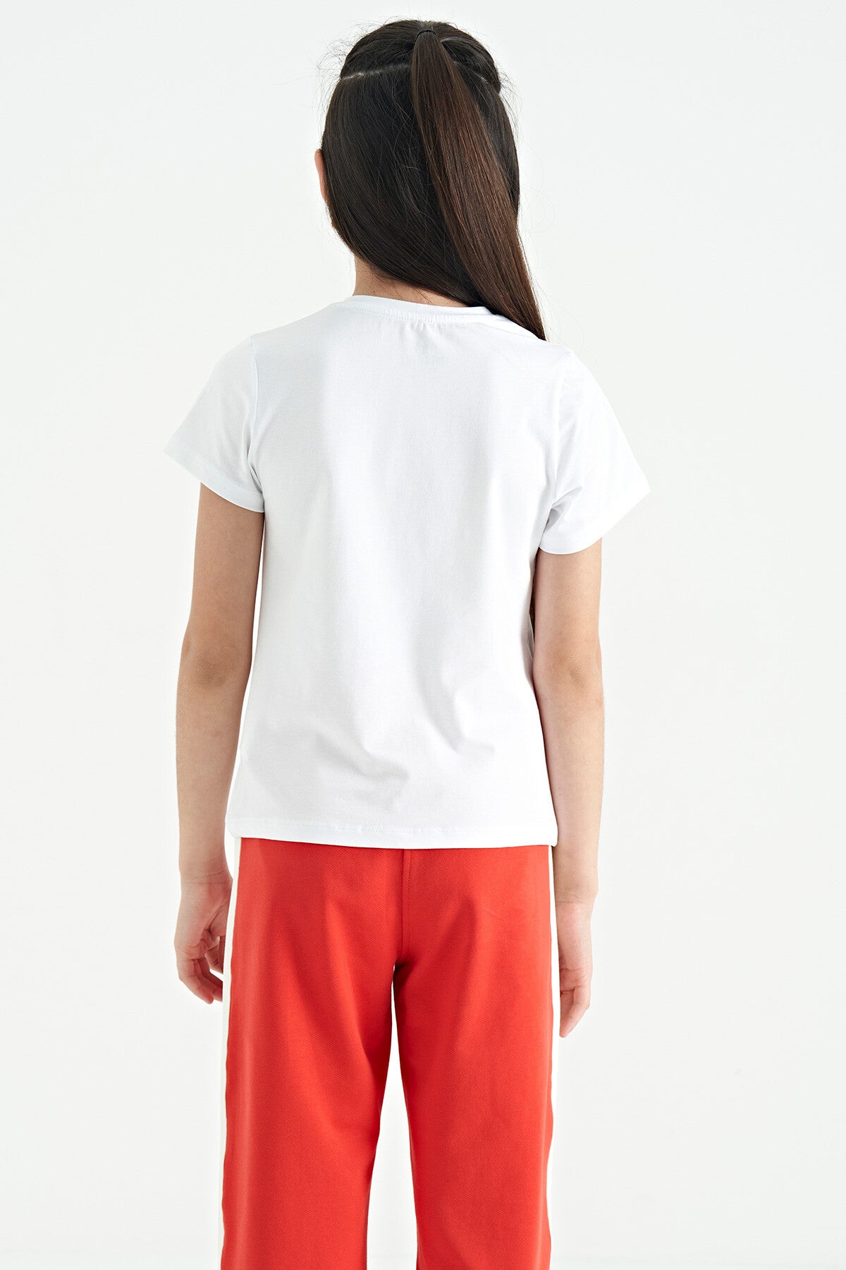 White O Collar Print Detailed Relax Fit Girl's T-Shirt - 75129