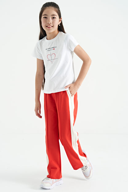 White O Collar Print Detailed Relax Fit Girl's T-Shirt - 75129