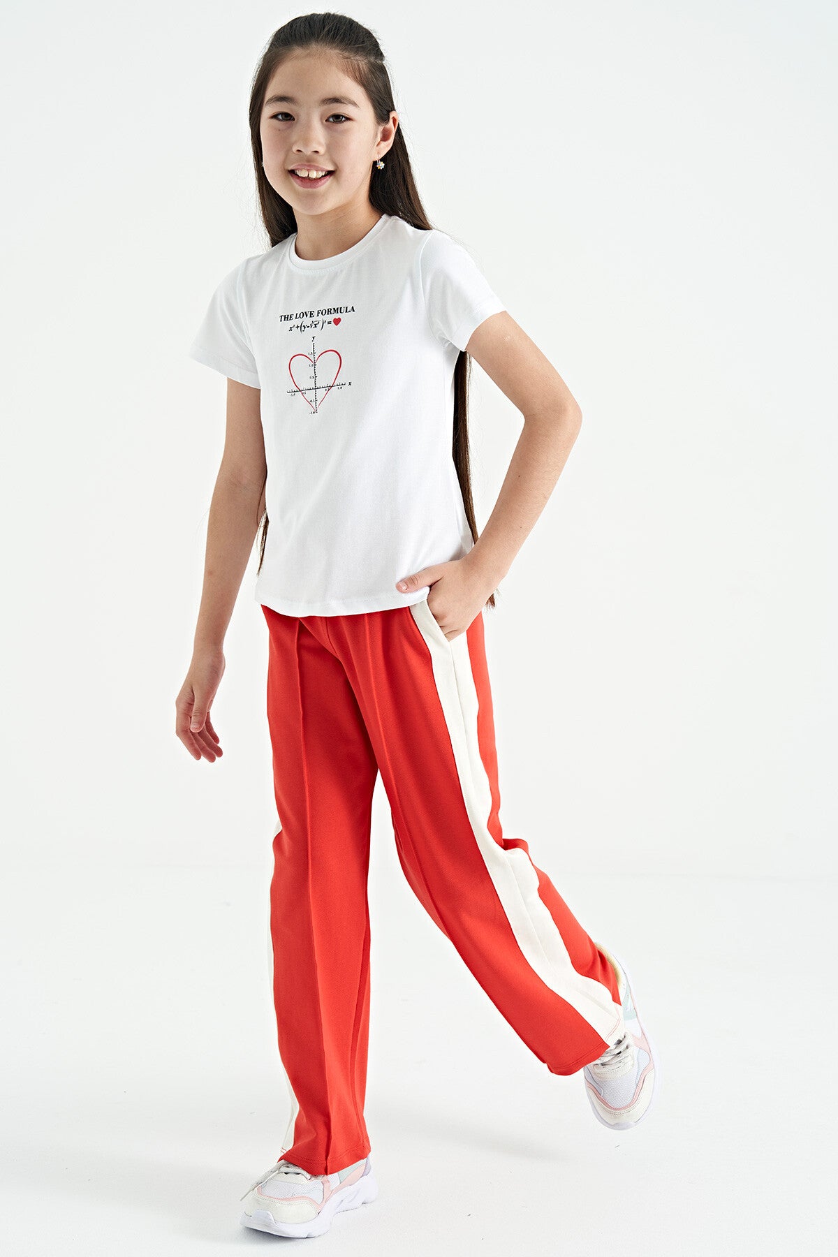 White O Collar Print Detailed Relax Fit Girl's T-Shirt - 75129