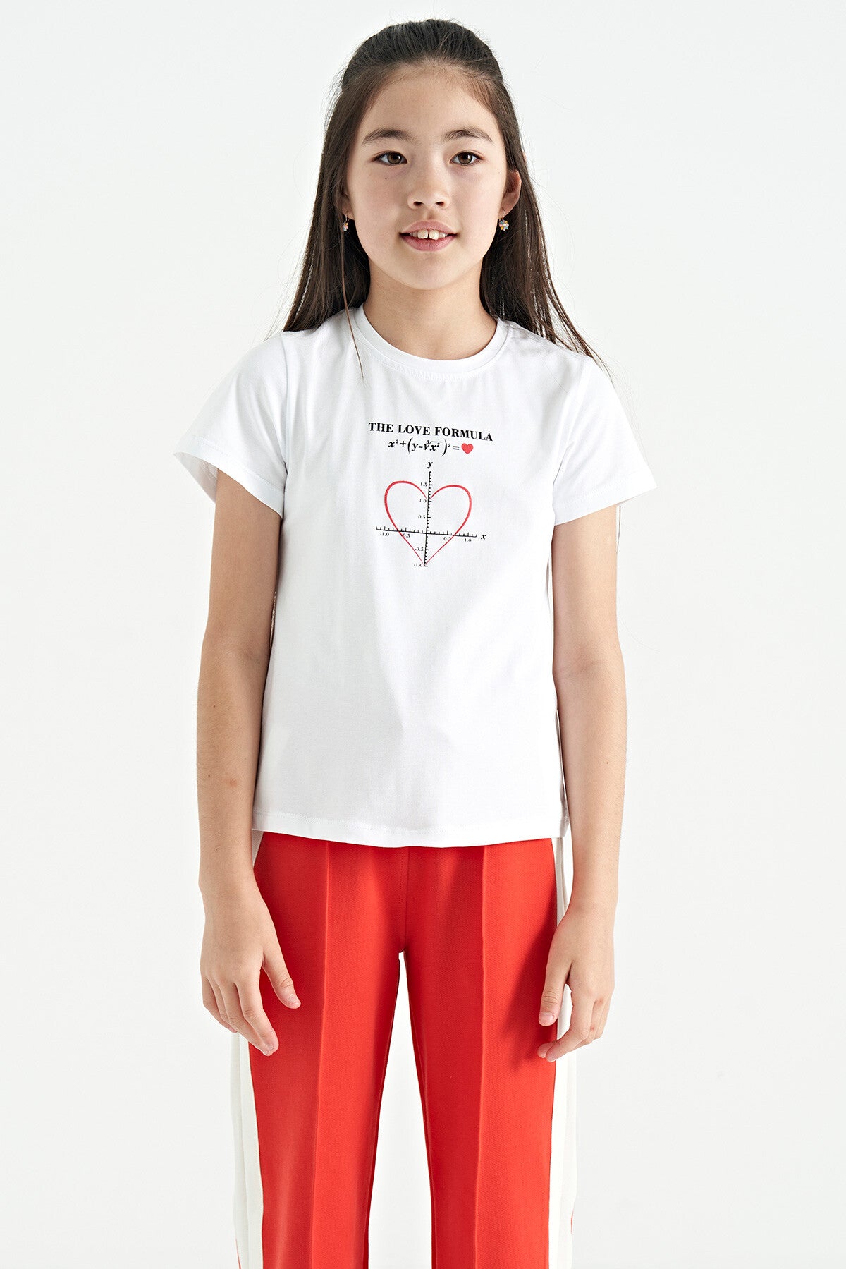 White O Collar Print Detailed Relax Fit Girl's T-Shirt - 75129