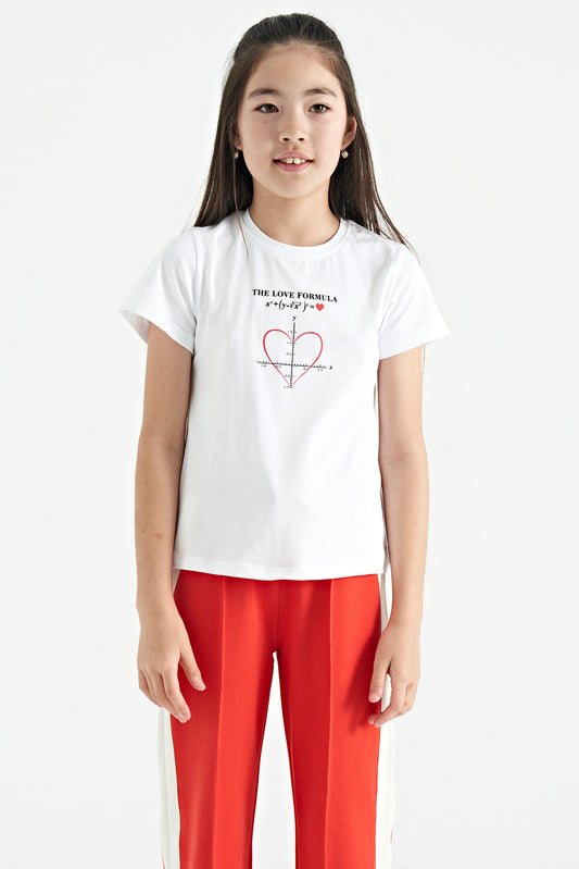 White O Collar Print Detailed Relax Fit Girl's T-Shirt - 75129