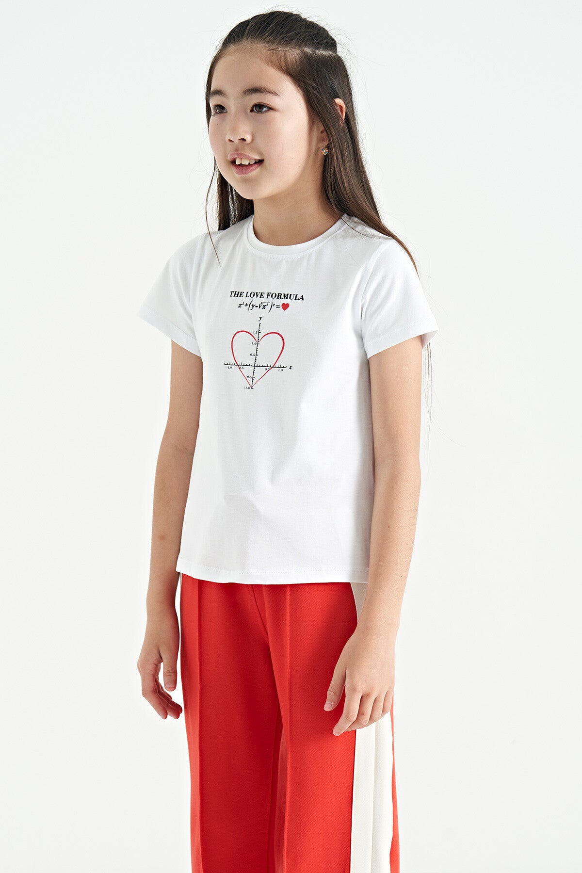 White O Collar Print Detailed Relax Fit Girl's T-Shirt - 75129