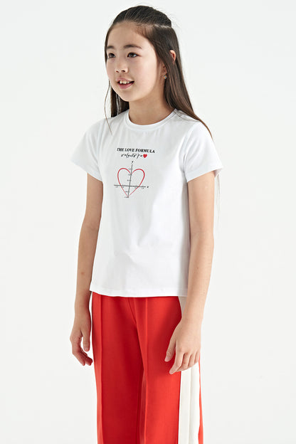 White O Collar Print Detailed Relax Fit Girl's T-Shirt - 75129