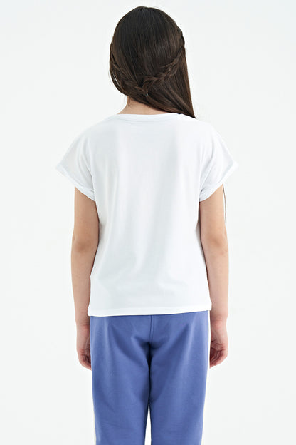 White O Collar Low Shoulder Comfort Fit Short Sleeve Girls T-Shirt - 75128