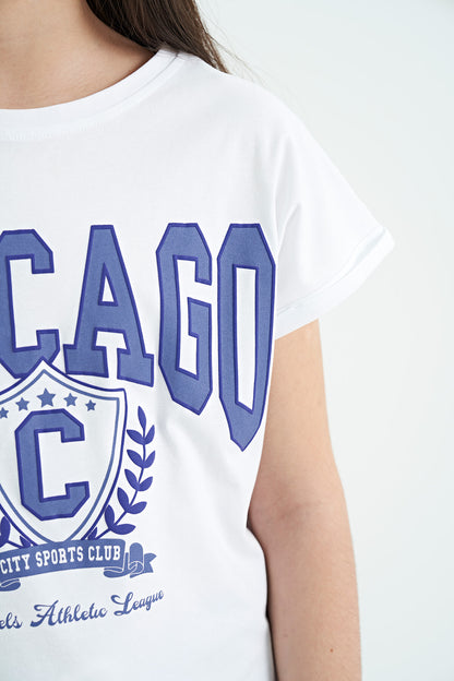 White O Collar Low Shoulder Comfort Fit Short Sleeve Girls T-Shirt - 75128
