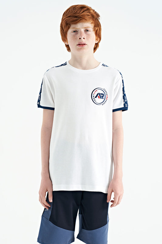 White Shoulder Print Detailed Standard Fit O Collar Boys' T-Shirt - 11121
