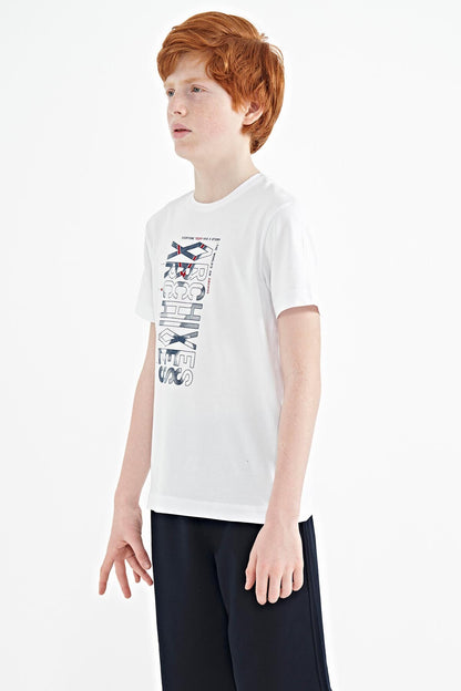 White Pre-Print Detailed O Collar Standard Fit Boys' T-Shirt - 11099