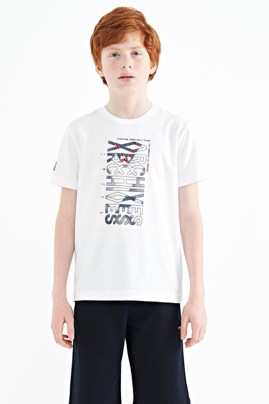 White Pre-Print Detailed O Collar Standard Fit Boys' T-Shirt - 11099