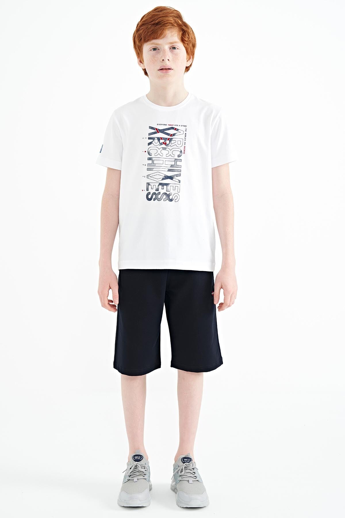 White Pre-Print Detailed O Collar Standard Fit Boys' T-Shirt - 11099