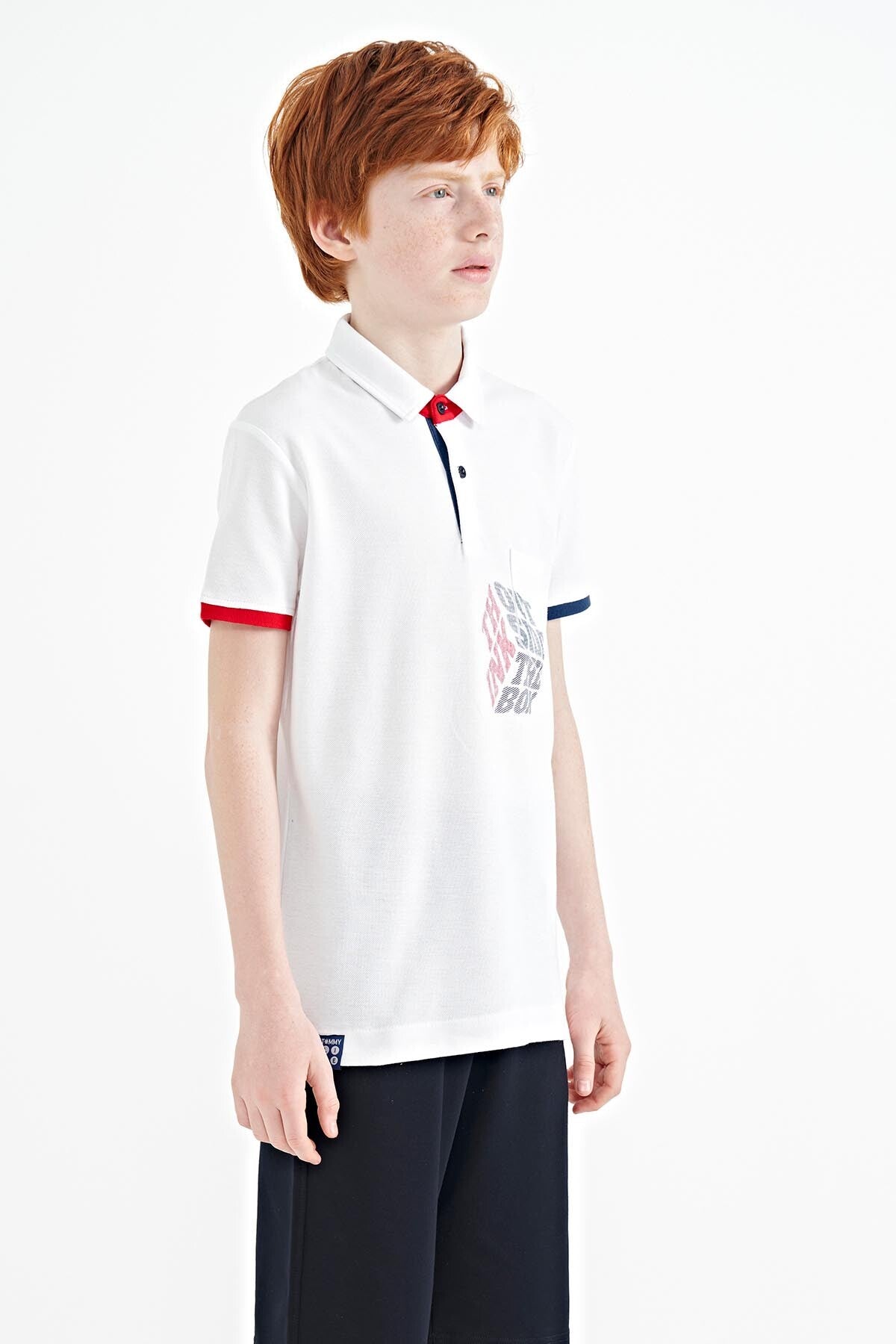 White Front Detailed Printed Standard Fit Polo Collar Boys T-Shirt - 11102
