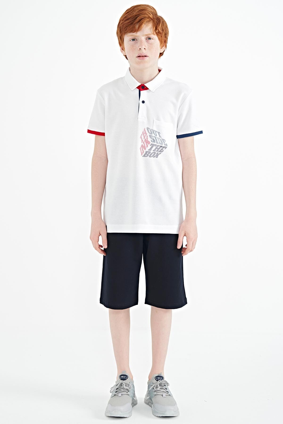 White Front Detailed Printed Standard Fit Polo Collar Boys T-Shirt - 11102
