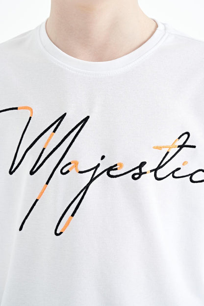 White Front Embroidered O Collar Oversize Boys T-Shirt - 11147
