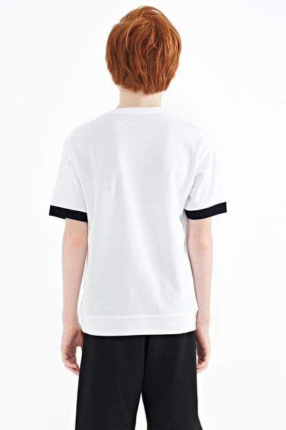 White Front Embroidered O Collar Oversize Boys T-Shirt - 11147