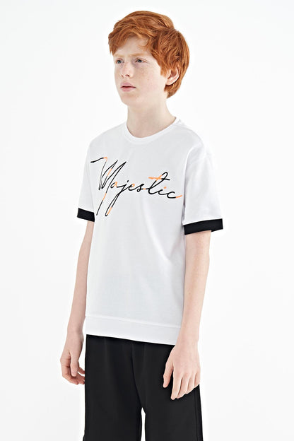 White Front Embroidered O Collar Oversize Boys T-Shirt - 11147