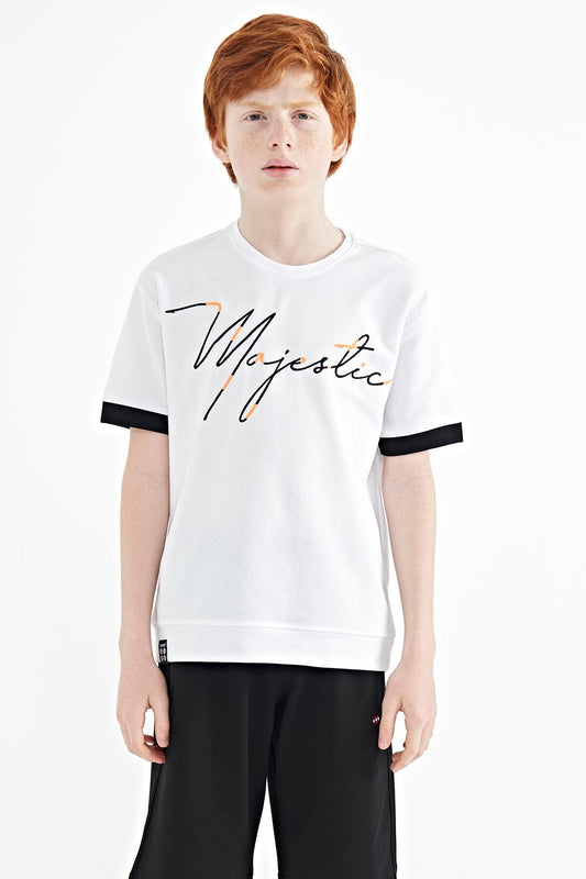 White Front Embroidered O Collar Oversize Boys T-Shirt - 11147