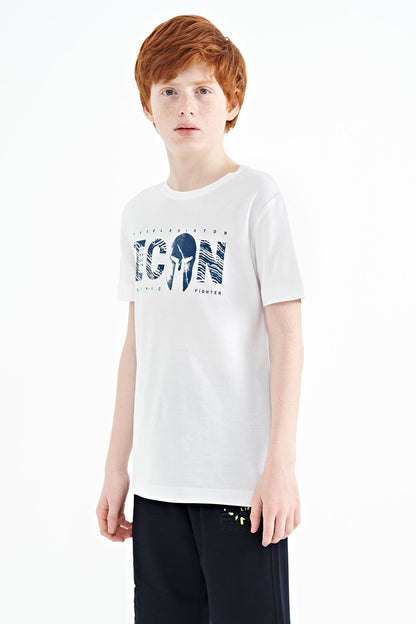 White Front Embroidered O Collar Standard Fit Boys' T-Shirt - 11118