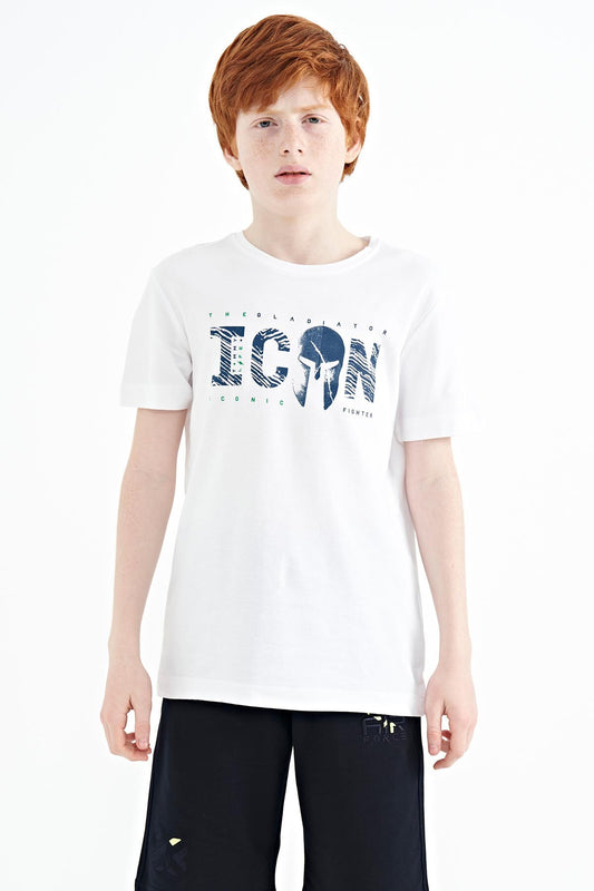 White Front Embroidered O Collar Standard Fit Boys' T-Shirt - 11118