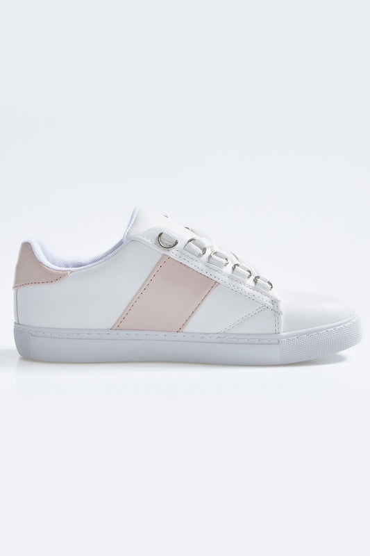 White - Pink Laced Ribbon Detailed PU Leather Women's Sports Shoes - 89202