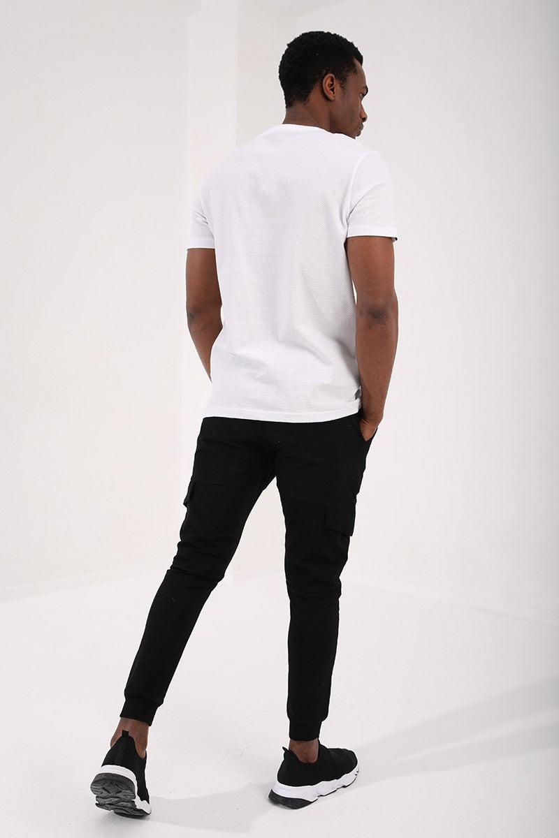 White Honeycomb Textured Double Arrow Logo Standard Fit O Collar Men's T-Shirt - 87921