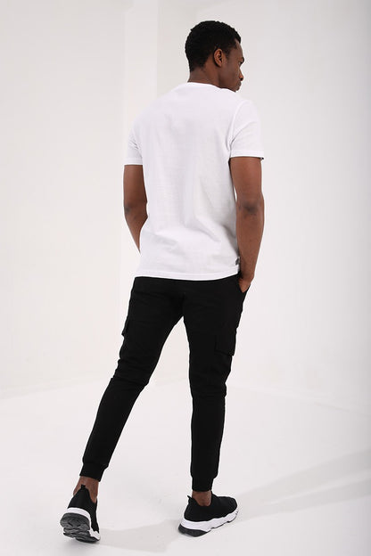 White Honeycomb Textured Double Arrow Logo Standard Fit O Collar Men's T-Shirt - 87921