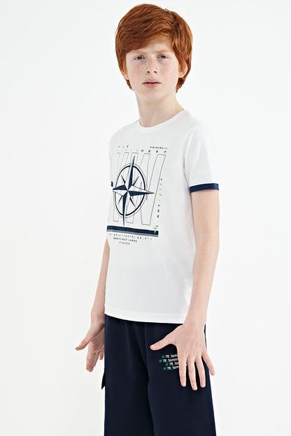 White Compass Printed Standard Template O Collar Boys T-Shirt - 11106