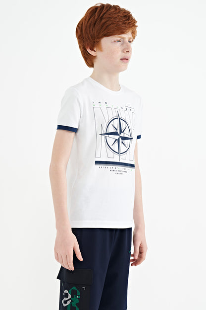 White Compass Printed Standard Template O Collar Boys T-Shirt - 11106
