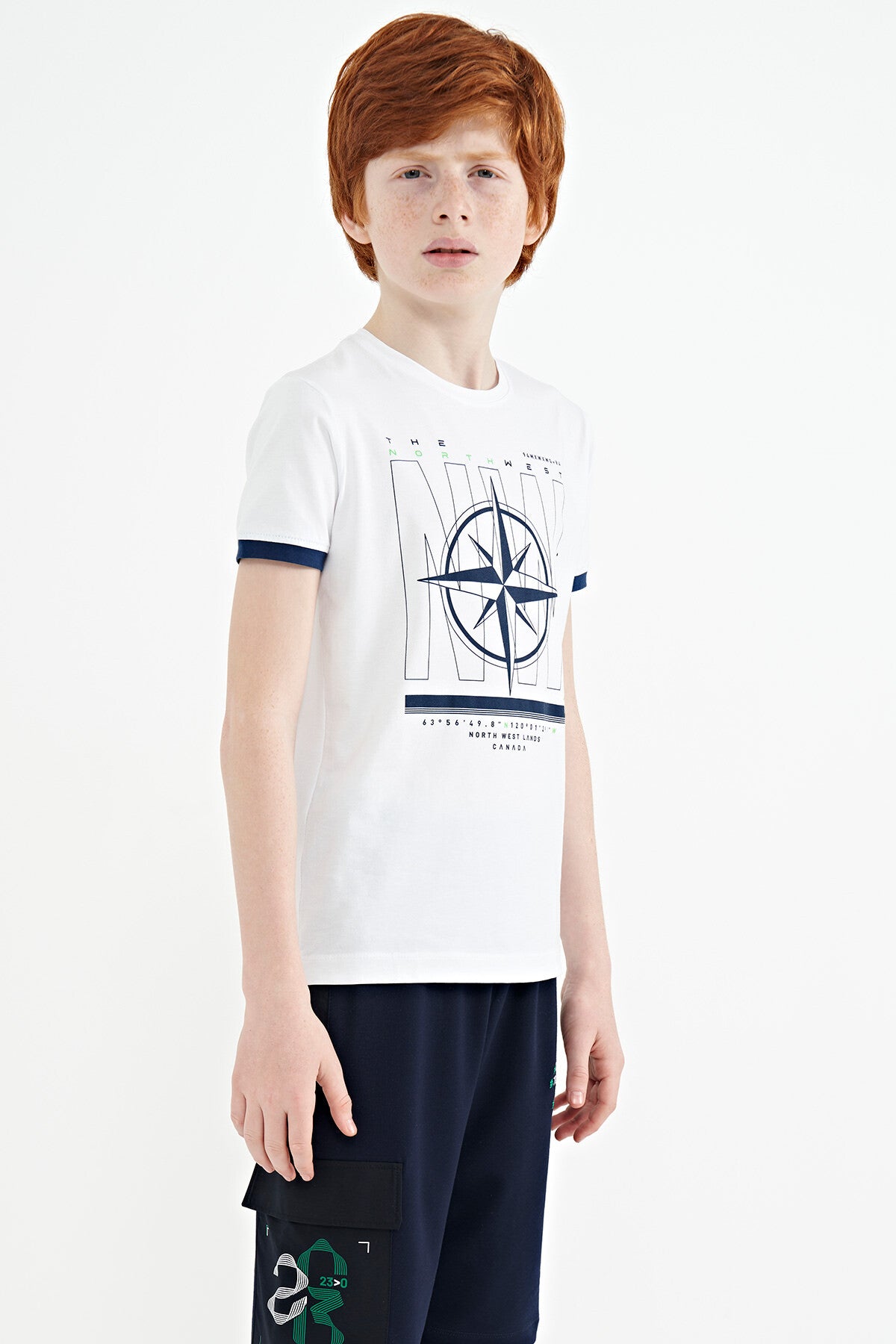 White Compass Printed Standard Template O Collar Boys T-Shirt - 11106