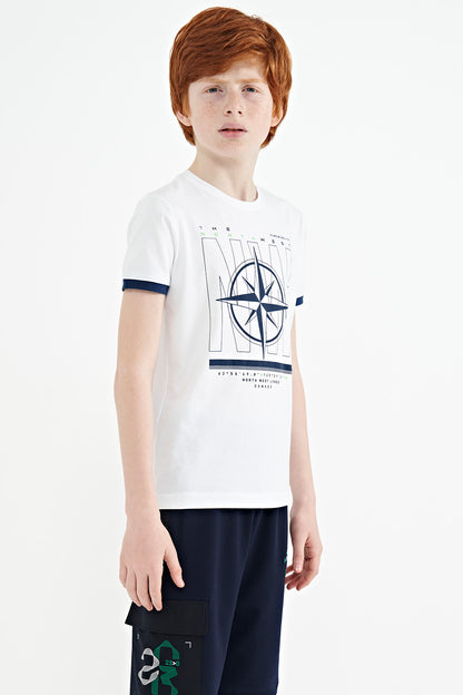 White Compass Printed Standard Template O Collar Boys T-Shirt - 11106