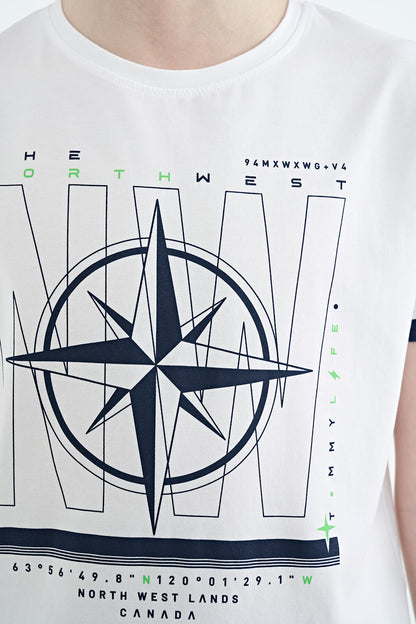 White Compass Printed Standard Template O Collar Boys T-Shirt - 11106