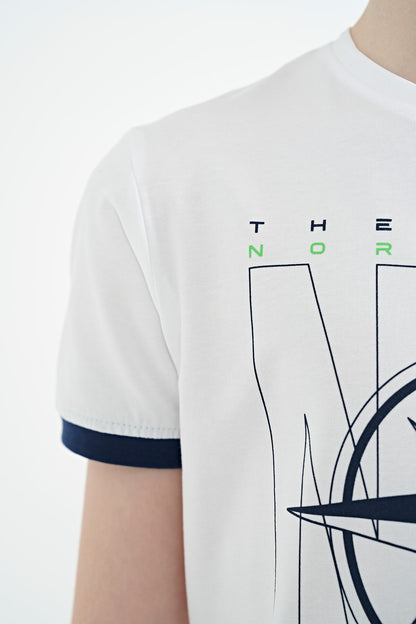 White Compass Printed Standard Template O Collar Boys T-Shirt - 11106