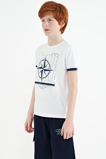 White Compass Printed Standard Template O Collar Boys T-Shirt - 11106