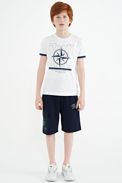 White Compass Printed Standard Template O Collar Boys T-Shirt - 11106
