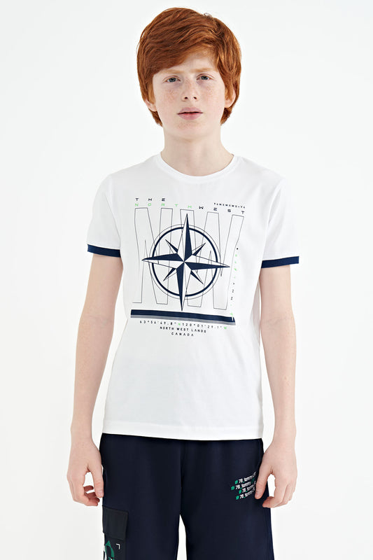 White Compass Printed Standard Template O Collar Boys T-Shirt - 11106