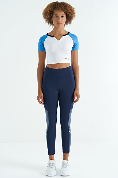 White Color Block Logo Printed O Neck Slim Fit Women's Crop T-Shirt - 97270