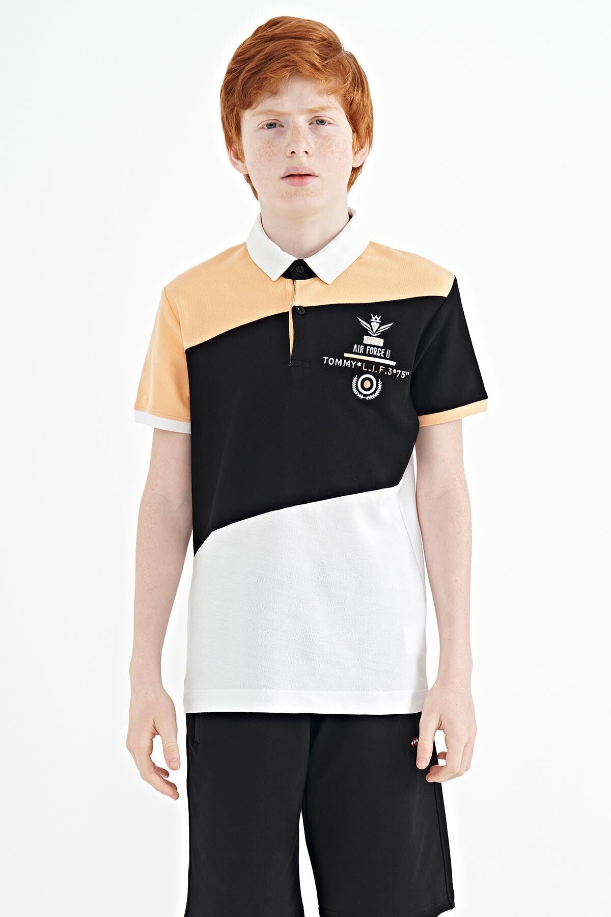 White Color Block Embroidered Detailed Standard Pattern Polo Collar Boys' T-Shirt - 11088
