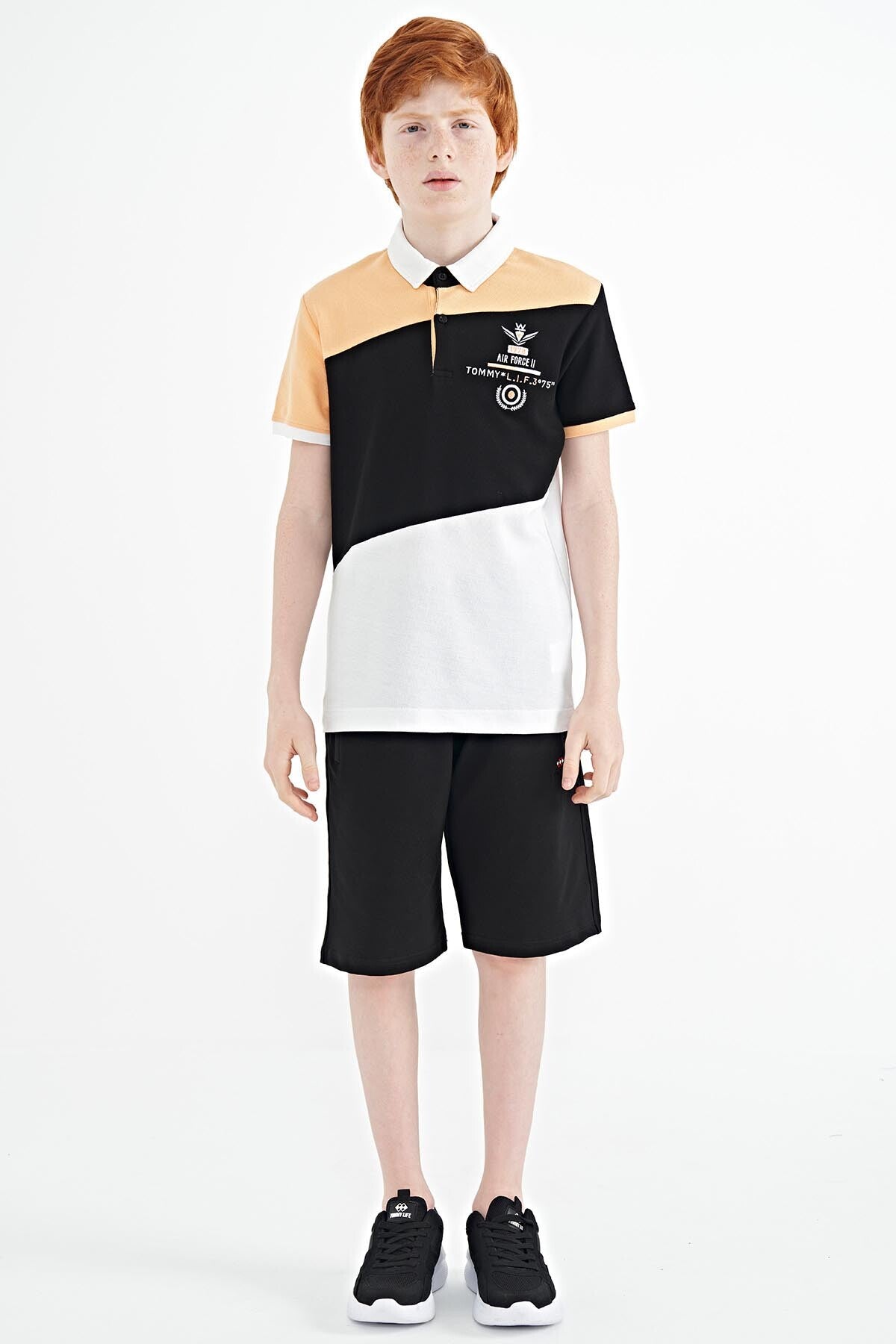 White Color Block Embroidered Detailed Standard Pattern Polo Collar Boys' T-Shirt - 11088